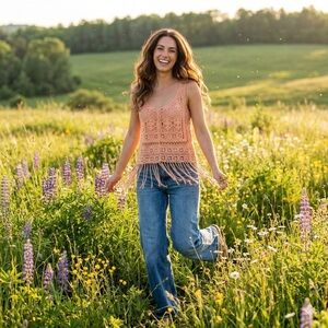 Buzz Coral Crochet Boho Festival Indie Casual Folk Fringe Tank Top Size Large
